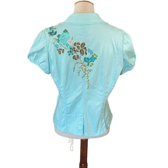Live A Little Aqua Blue Embroidered Rhinestone Lightweight Jacket Size Medium - Picture 6 of 15